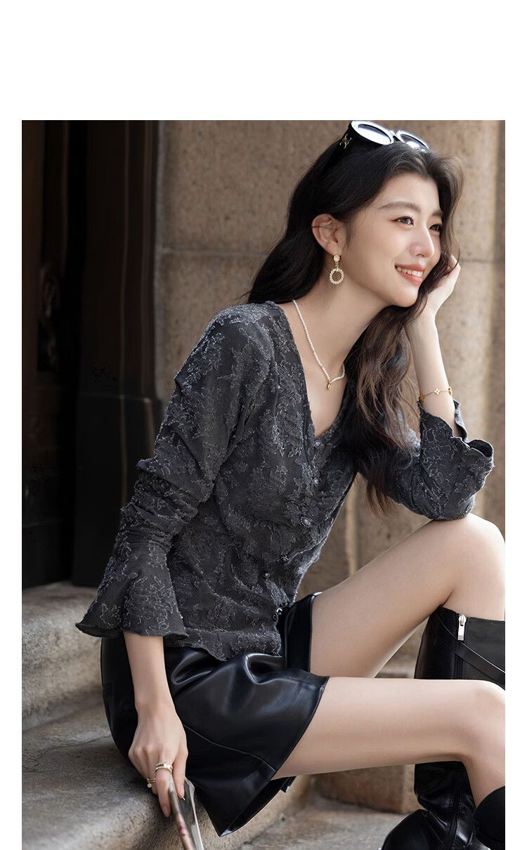 Demana Autumn V-Neck Ruched Button Jacquard Frayed Hem Breathable Linen Shirt Women's Top 1