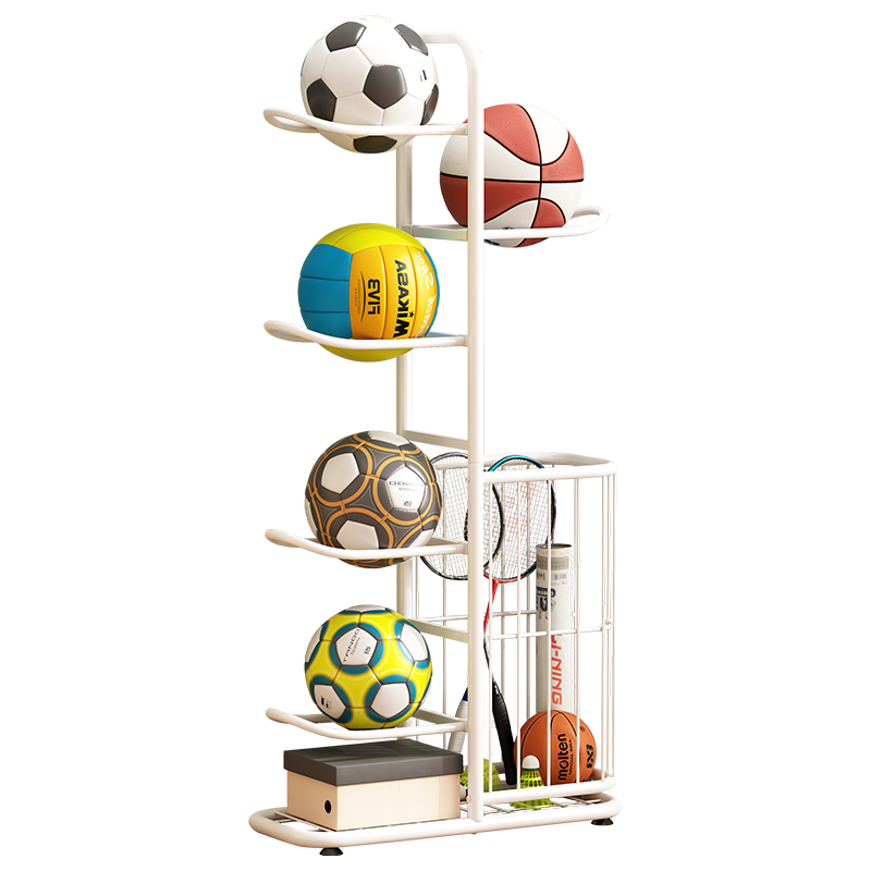 WOJIA Sports Equipment Storage Rack, Home Storage Shelf, Indoor Floor-Standing Basketball Hoop for Children, Soccer And Volleyball Storage Basket, White