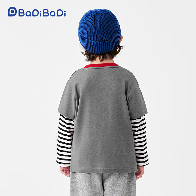 Badibadi Spring and Autumn Pure Cotton Baby Toddler Children's Long Sleeve T-Shirt Fake Two-Piece Versatile Base Shirt Black and Red Three Little Dogs Size 90