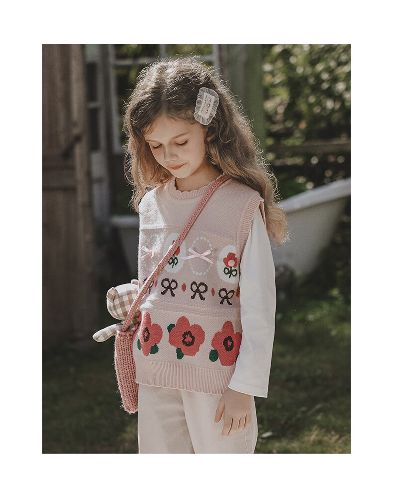 MOMOCO Girls' Vest Jacket Inner Wear Base Layer Outer Wear Stylish Sweet Cartoon Knitted Vest, White Apricot Color, Size 105 11