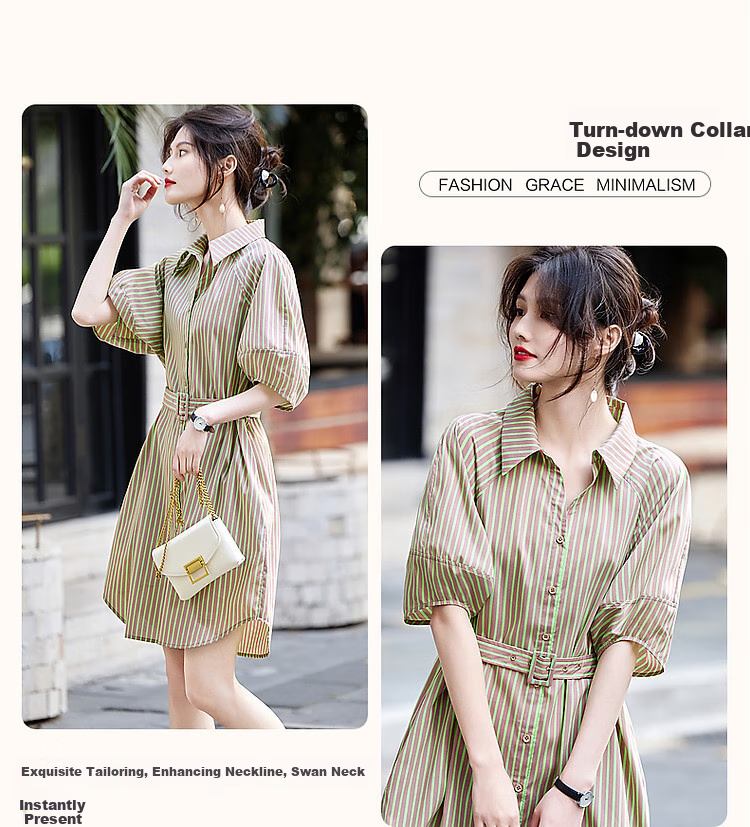 Dme [Tiansitongqin Piece] Summer French Simple Style Ceiling Lyocell Shirt Dress, Striped Waist Belt Dress 4