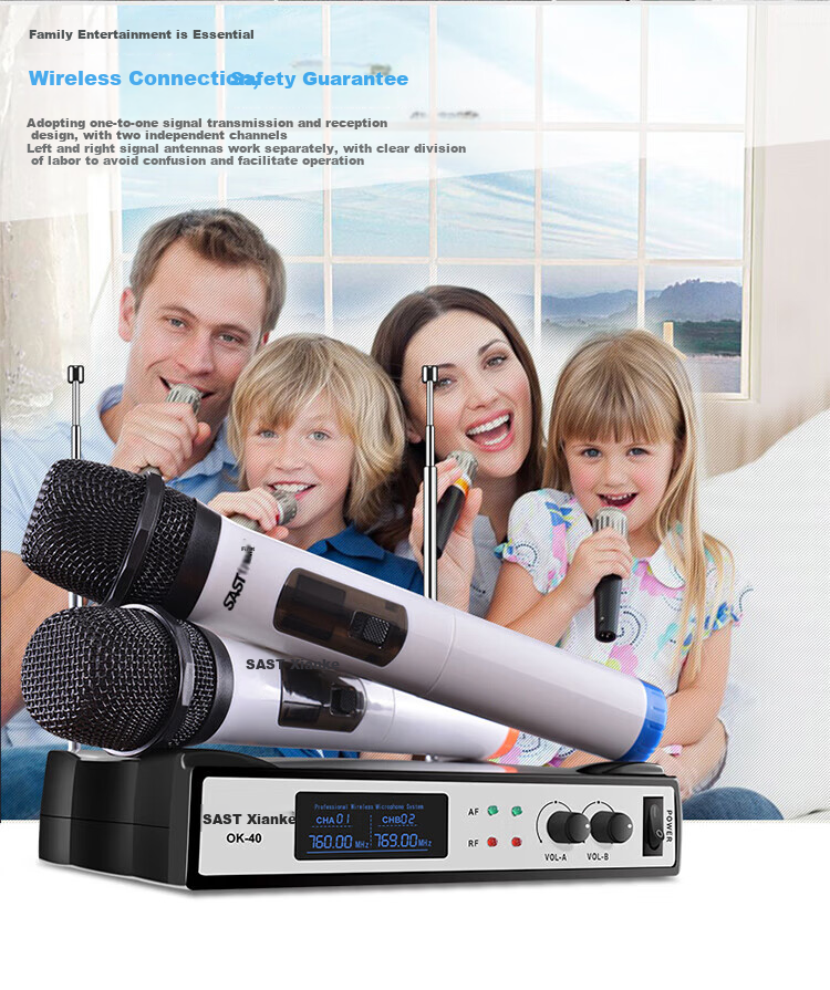 SAST OK-40 Wireless Microphone System, Dual Wireless Microphones, Home KTV Sound System for Singing, Meetings, Speeches, Stage Performance, Karaoke, OK Dual Handheld Microphones, Black 2