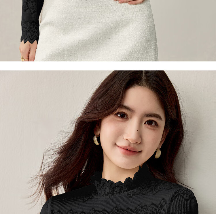 Sentubila Semi-Turtleneck Floral Textured Lace Slim Fit Long Sleeve Top for Women Autumn Hollow Out Inner Layer Shirt 13
