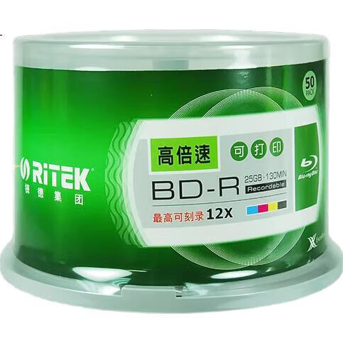 Blu-Ray диски RITEK BD-R 12x 25GB, печатные, записываемые, большая емкость, 50 шт. в бочонке