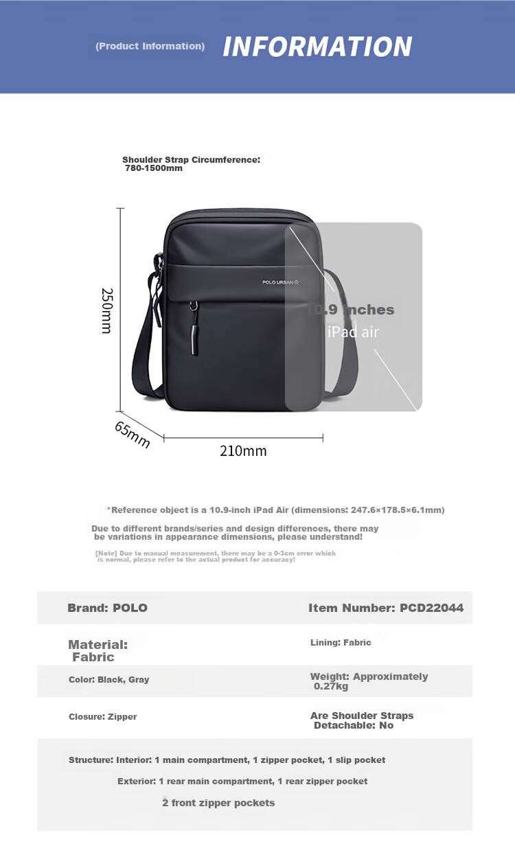 POLO Shoulder Bag for Men, Multifunctional Crossbody Bag, 10.9-Inch IPad Bag, Vertical Phone Bag, Sports Messenger Bag for Me 8