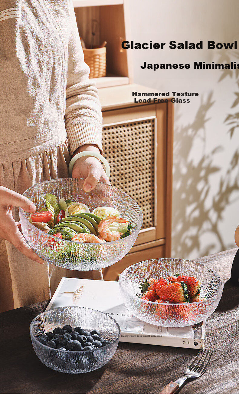 CRISTALGLASS Glacier Glass Salad Bowls Set of 3 - Transparent Round Glass Bowls for Home Use, Vegetable Fruit Plate, Yogurt Dessert Bowls 1