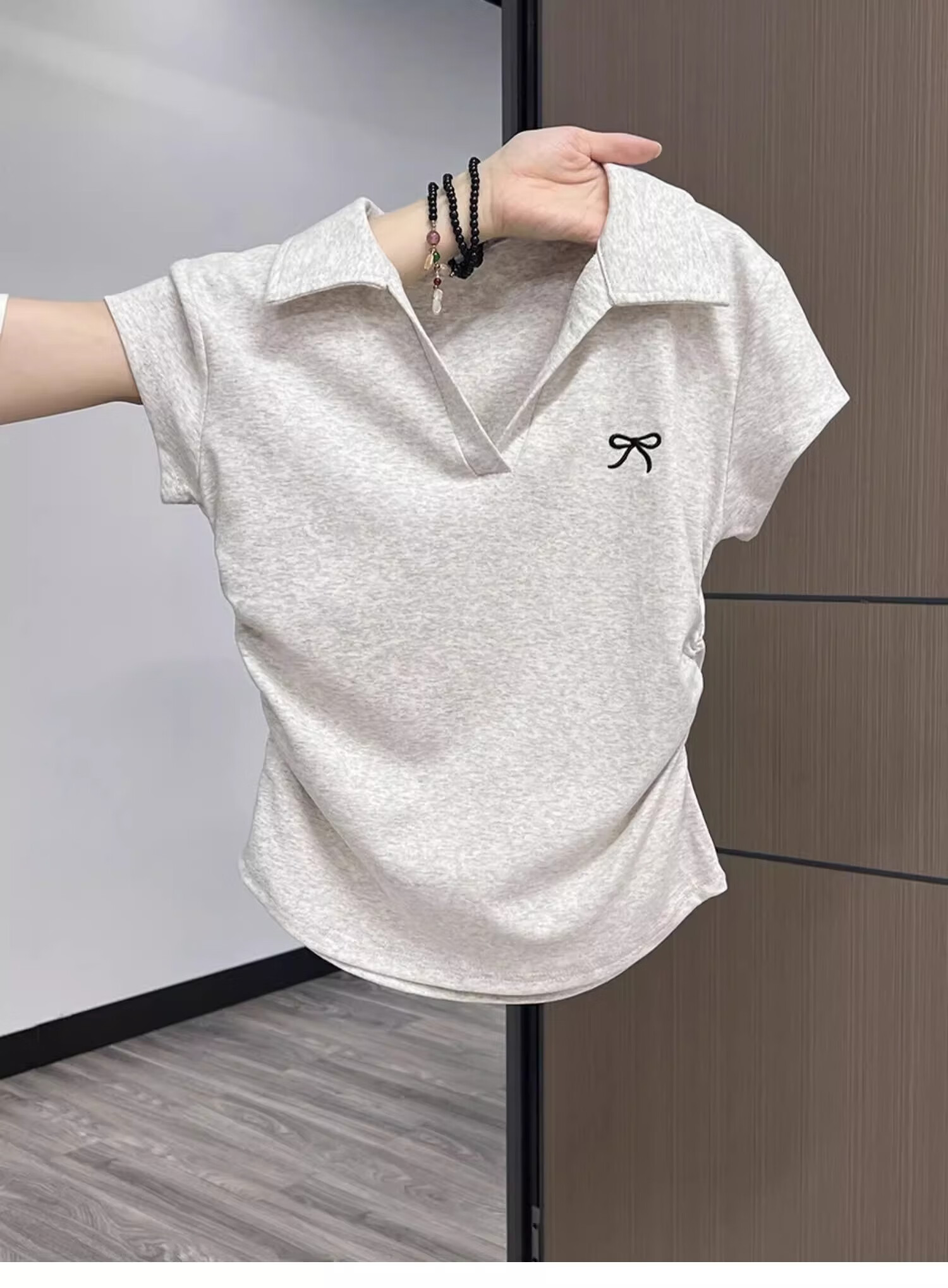 Woodpecker POLO Collar Pure Desire Short Sleeve Bow Embroidery Shoulder T-Shirt Women Slim Fit Cropped Top White L 12