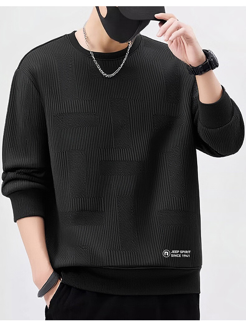 JEEP SPIRIT Men's Autumn Crew Neck Long Sleeve T-Shirt Comfortable Versatile Pullover Casual Sports Top Black L 2