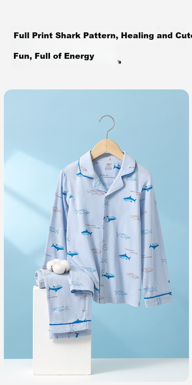 Dingguagua Children's Pajama Set, Spring And Summer Long-Sleeve Pure Cotton Boys' Loungewear, Class A Breathable, Green All-Over Print, Size 120 7