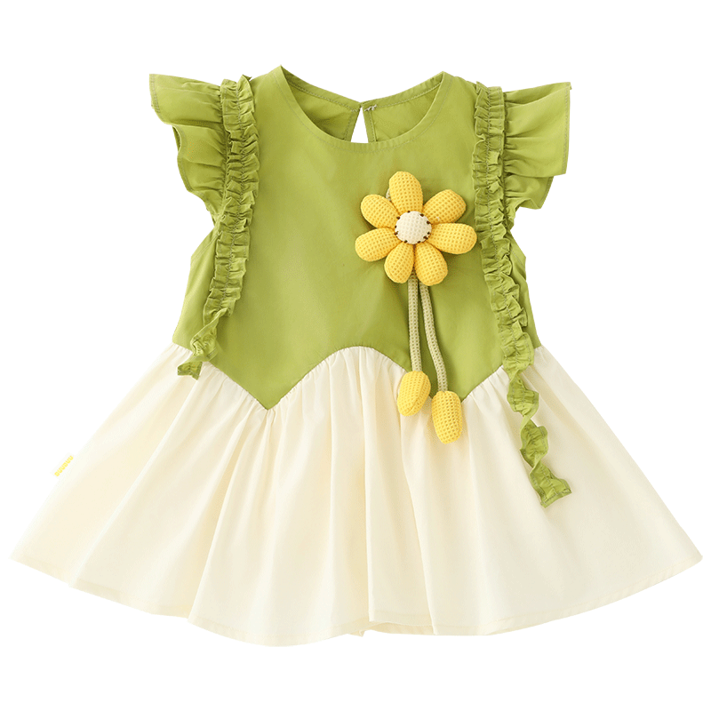 DUUDUU Children's Clothing Summer Pure Cotton Dress, Baby Sweet Flutter Sleeves Princess Dress Thin Style, Green, 120