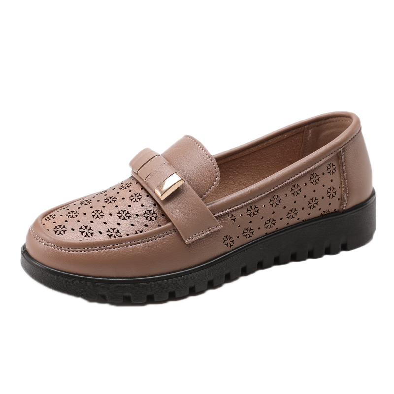Huili Mom Shoes, Middle-Aged Sandals, Summer Soft-Soled Middle-Aged Women's Leather Shoes, Single Shoes, Non-Slip, for Ages 50-60, 0062 Bean Paste Color, Size 37