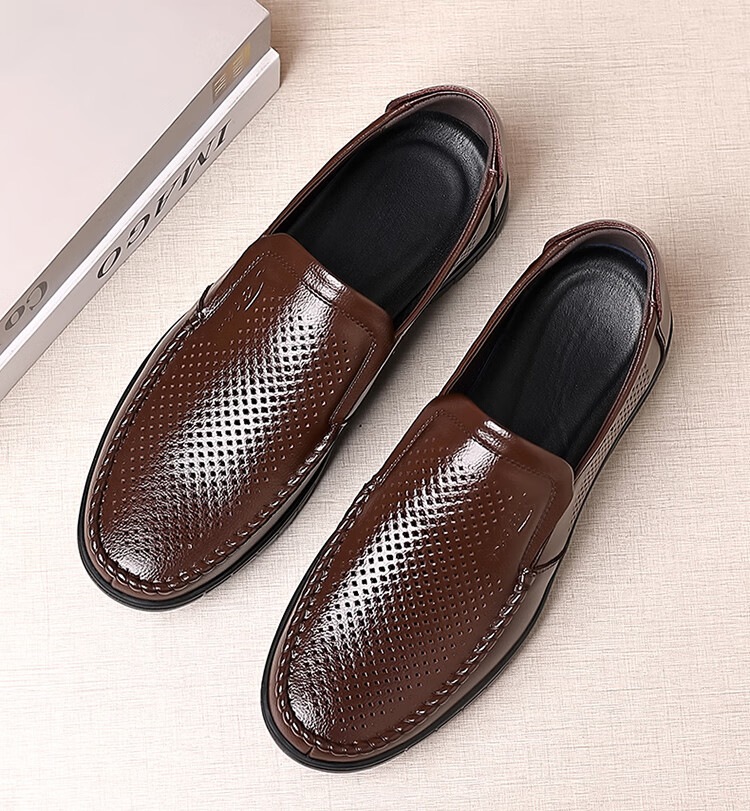 MEXICAN Business Casual First Layer Cowhide Men's Dress Shoes Hollow Breathable Slip-On Large Size Brown 39 20