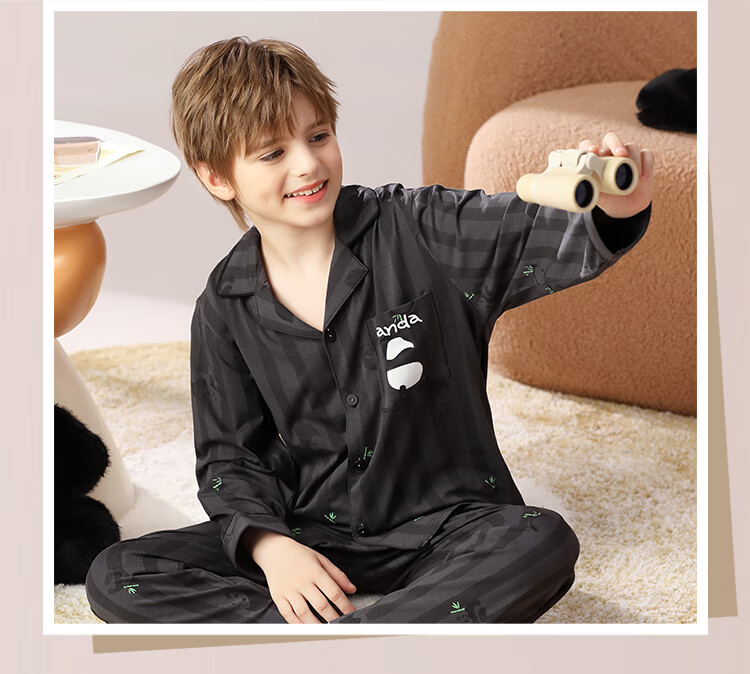 Yunxiangyi Boys' Pajamas, Autumn Cotton Antibacterial Fashionable Striped Bamboo Panda Sleepwear for Older Boys, Size 14 4