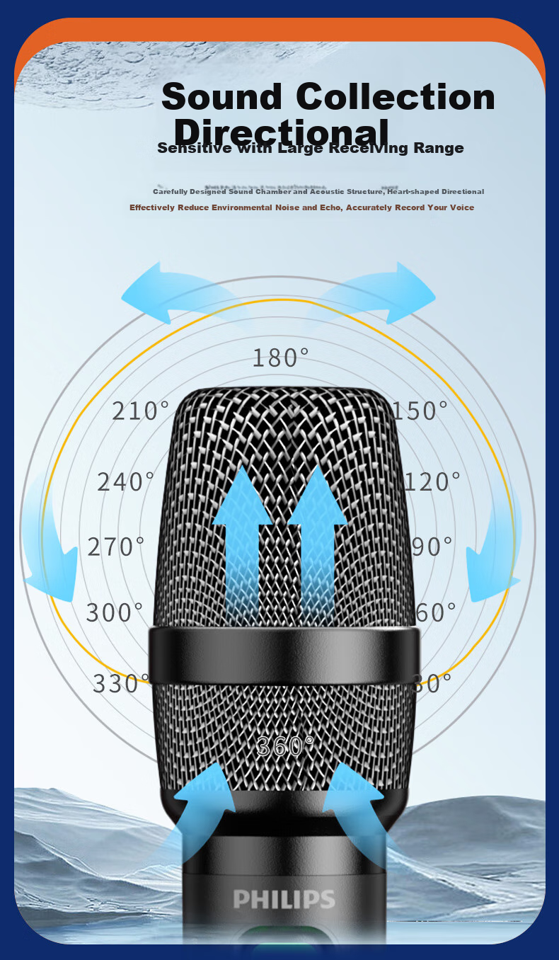 PHILIPS Wireless Microphone for KTV Performances, 120-Meter Range Transmission, Anti-Howling, Multi-Room Echo, Car-Mounted, Type-C with Built-In Battery 5