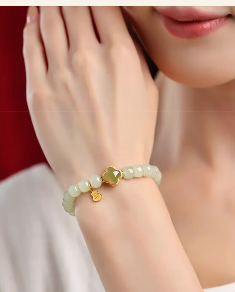 Chow Tai Fook Hetian Jade Four-Leaf Clover Silver Bracelet for Women Luxury Jade Beaded Bracelet Ring Birthday 520 Valentine's Day Gift for Girlfriend 9