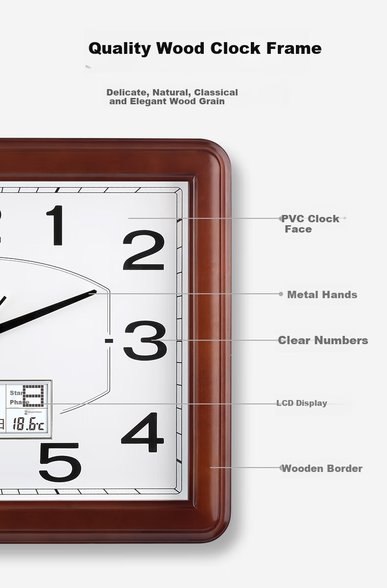 POWER Bawang Wall Clock, Length 54cm, Large Square Design for Living Room, Office Wall-Mounted, Chinese-Style Simple Wooden Wall Clock 1801CKS 4