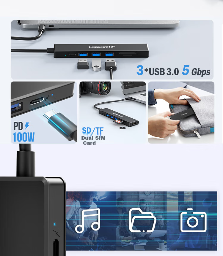 Lemorele Type-C Expansion Dock, 7-In HDMI 4K, USB3.0*3, PD100W Fast Charging, SD/TF Card Reader, Mac Expansion Dock, Compatible with Apple And Huawei Laptops, TC90 2