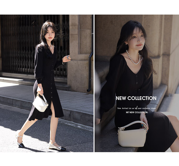 MT French Vintage Black Swan V-Neck Long Sleeve Knit Dress for Autumn Dates 3