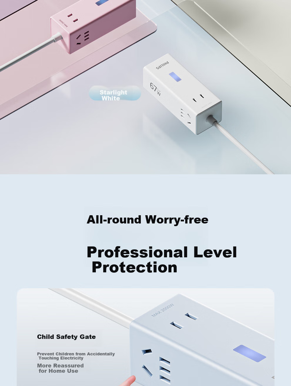 PHILIPS GaN Desktop Charging Station Power Strip 67W Charger Laptop Multi-Functional USB Extension Cord Portable Power Board Small Electric Compartment Safe Fast Charge 2C2A+3 Outlets White 13