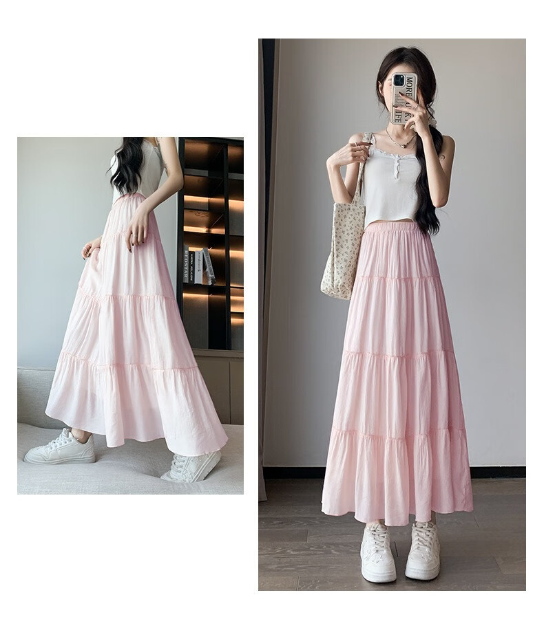 Jeanswest Women's Summer High-Waist Slimming Versatile Loose Peach Blossom Wrinkle Cake Skirt White M 22