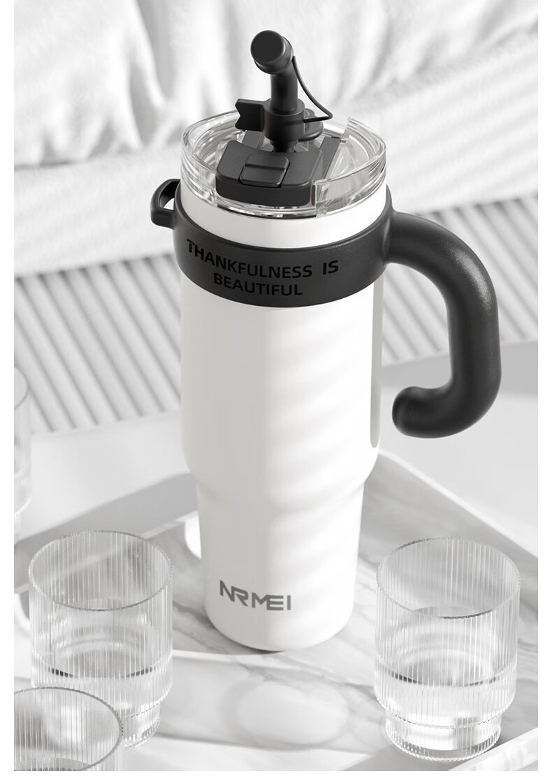 NRMEi Insulated Large Capacity Men's Thermos Cup One-Button Lid Straw Ice King Giant Tumbler Water Bottle 9