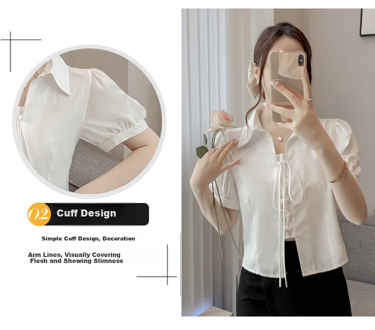 JEANSWEST Women's Summer 2025 Loose Puff Sleeve Short Sleeve Crop Shirt White L 5