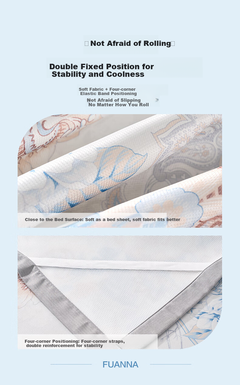 FUANNA Summer Ice Silk Mat, Washable Chinese-Style Printed Cooling Air Conditioning Mat, Elastic Style Double Size Three-Piece Set, 1.8*2 Meters 4