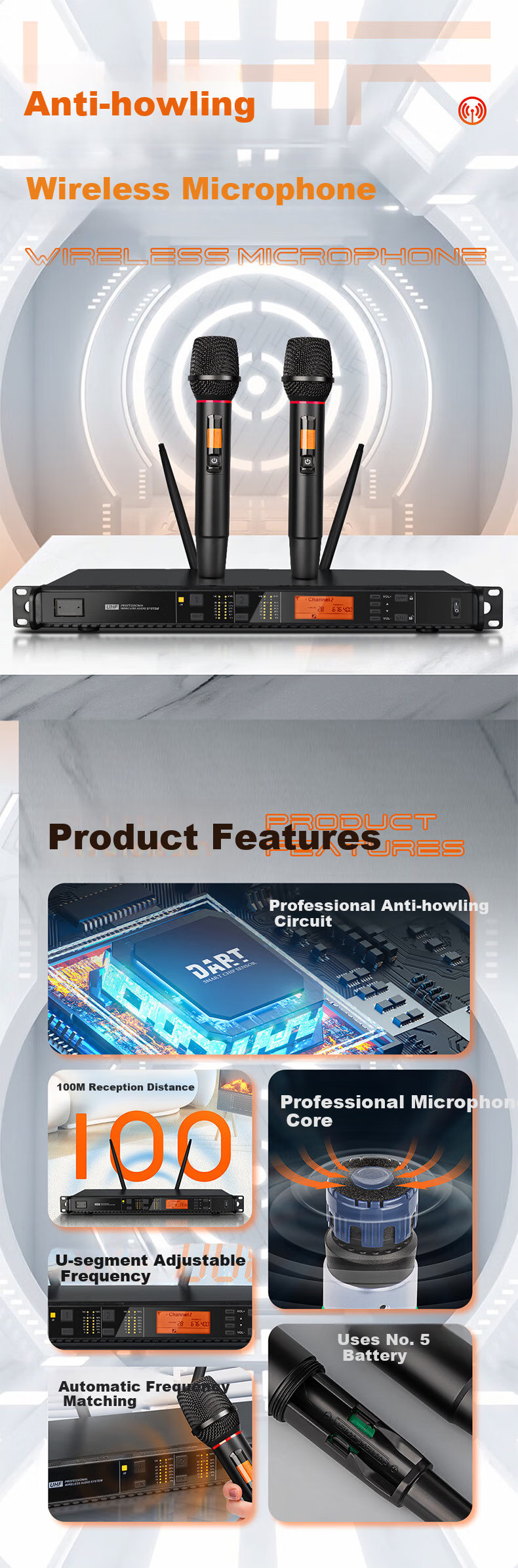 Depusheng Professional Wireless Microphone System, Home KTV Singing, Karaoke for Meetings And Training, Speech And Stage Performance, Karaoke Machine with Dual Microphones, Anti-Howling Frequency Adjustment, DR28 1