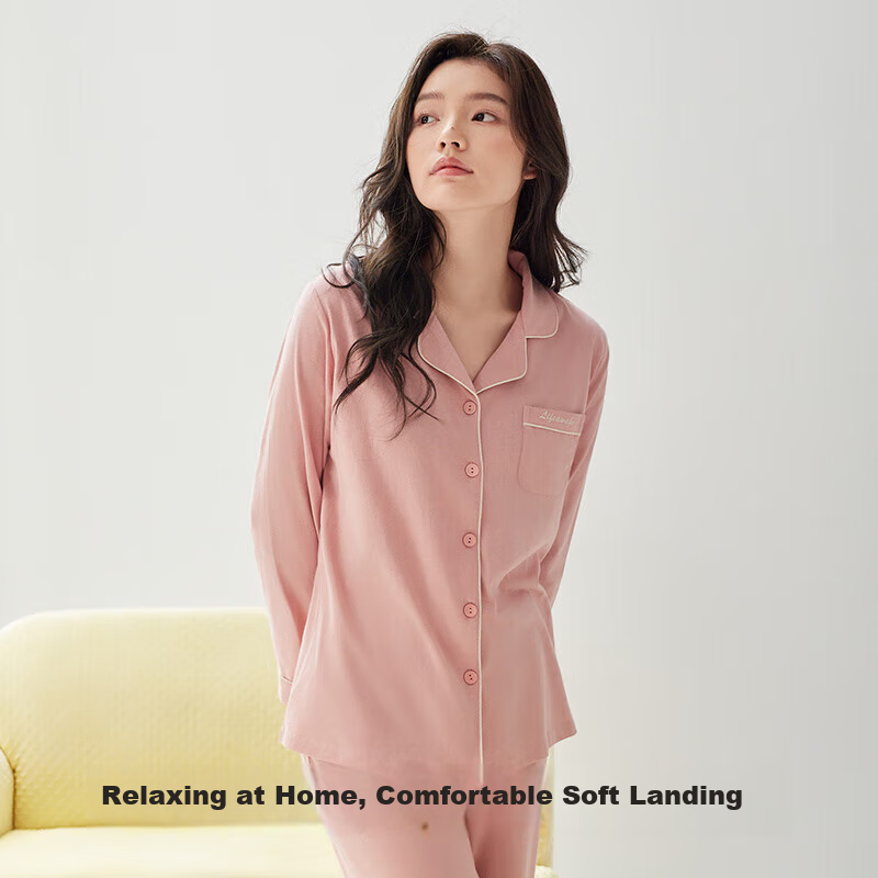 HLA Women's Pajamas, Spring And Autumn Lapel Cardigan, Pure Cotton, Antibacterial, Comfortable, Suitable for Outdoor Wear, Long Sleeves, Long Pants, Home Wear Set