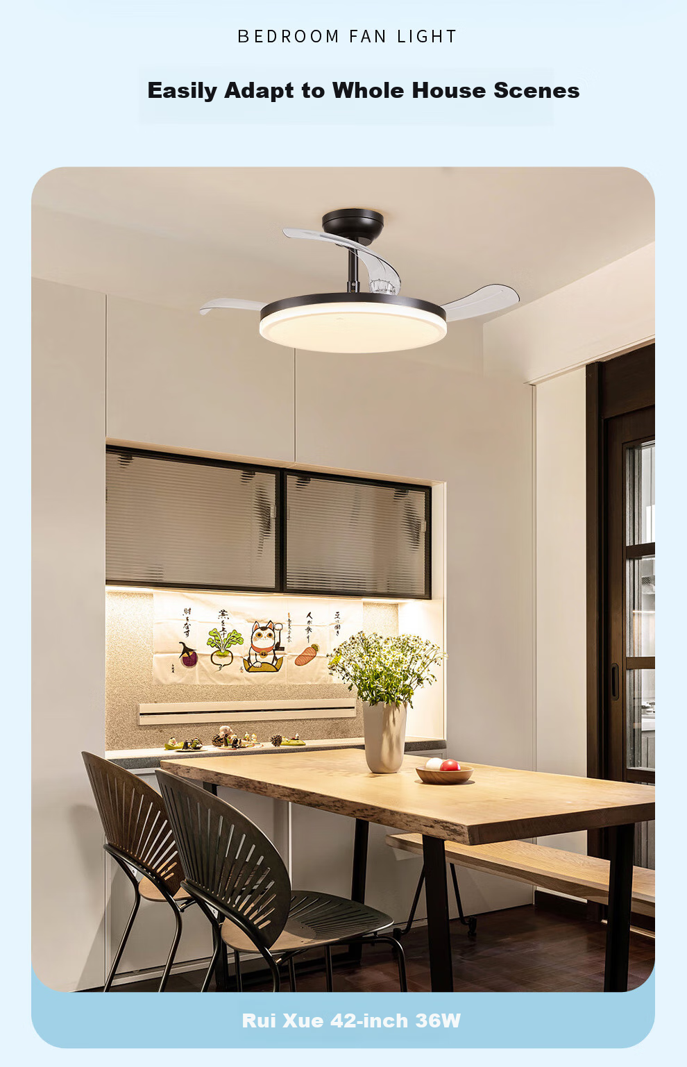 NVC Lighting Fan Light, Ceiling Fan Light for Dining Room And Bedroom, Nordic Style, High Color Rendering Index, Ultra-Thin, Variable Frequency, Simple Black Design, 42 Inches, 36 Watts 14