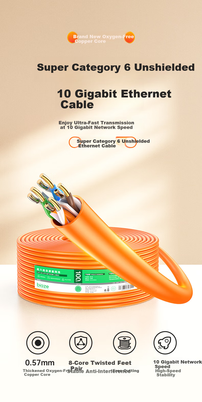 BIAZE Original Unshielded CAT6A Gigabit Ethernet Cable, Pure Copper Core, for Engineering And Home Wiring, Orange, 305 Meters 2
