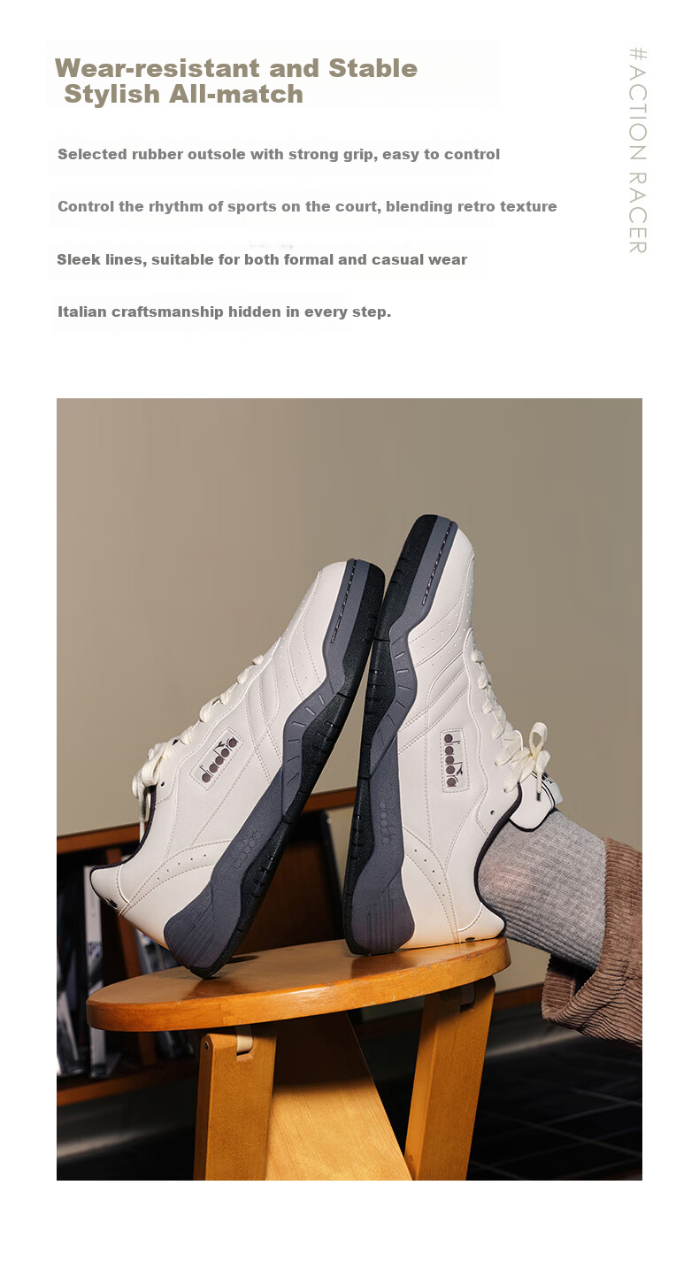 Diadora Men's And Women's Casual Shoes Action Racer, Agate White/ebony Gray/black, Size 37 12