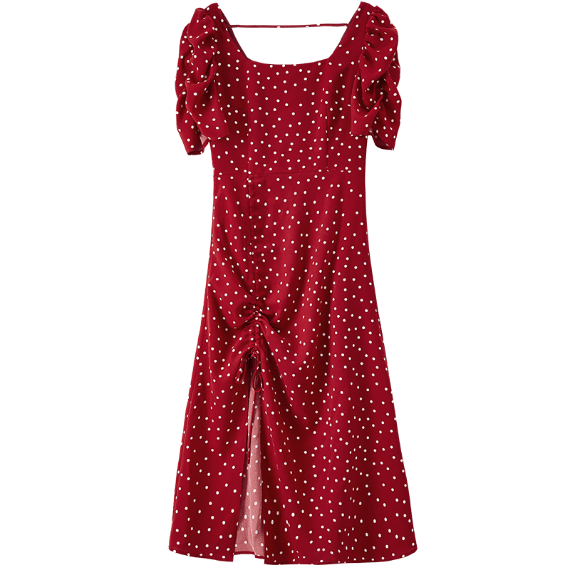 Sentubila French-Style Dress for Women, Summer Square Neckline, Ruched Sleeves, Vintage Polka Dot, Pleated Slit A-Line Skirt