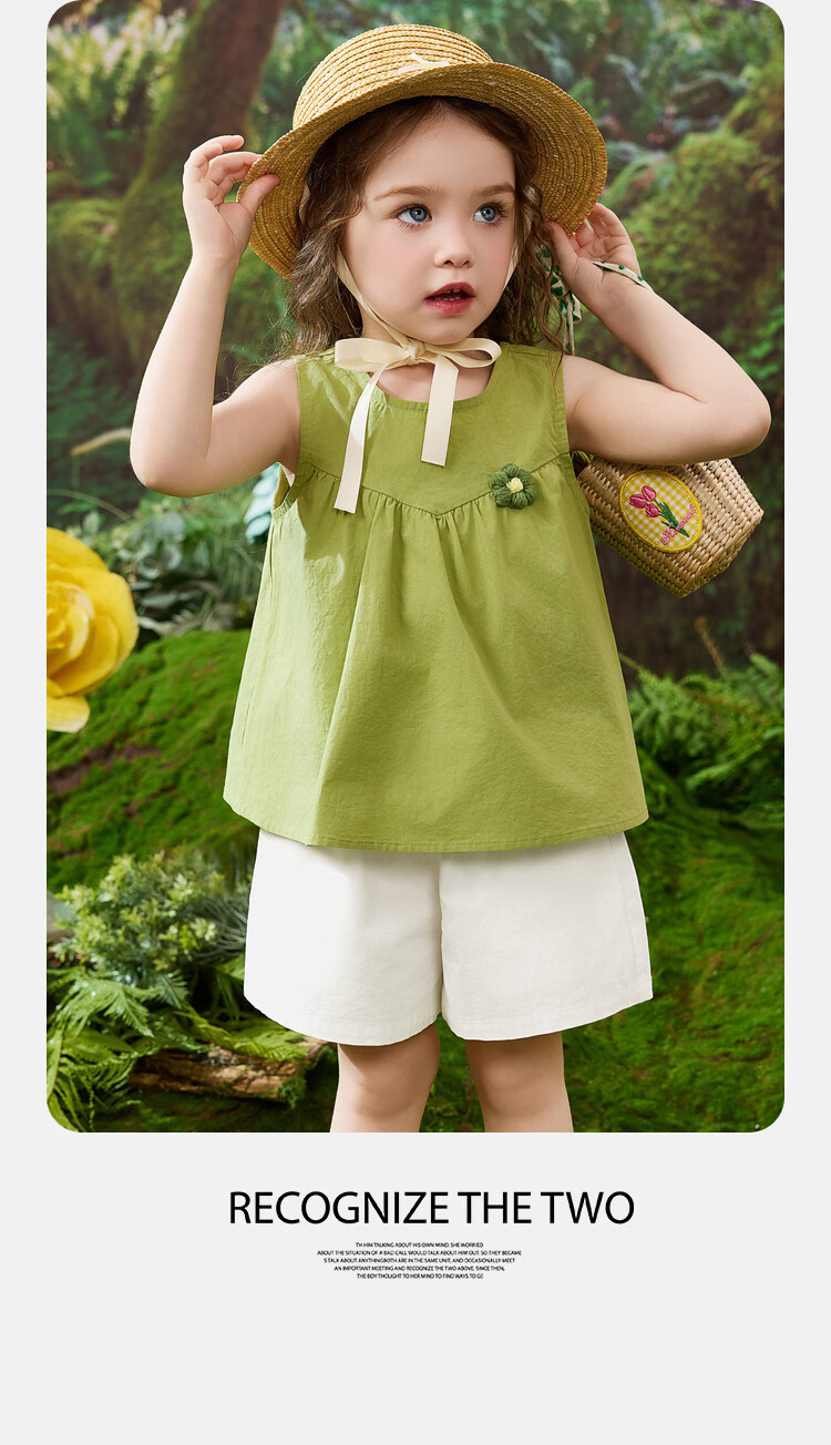 ASK JUNIOR Children's Summer Set, Sleeveless Vest Top for Young Kids, Casual Shorts, Forest-Style Girls' Pure Cotton Two-Piece Outfit, Green, Size 130 4
