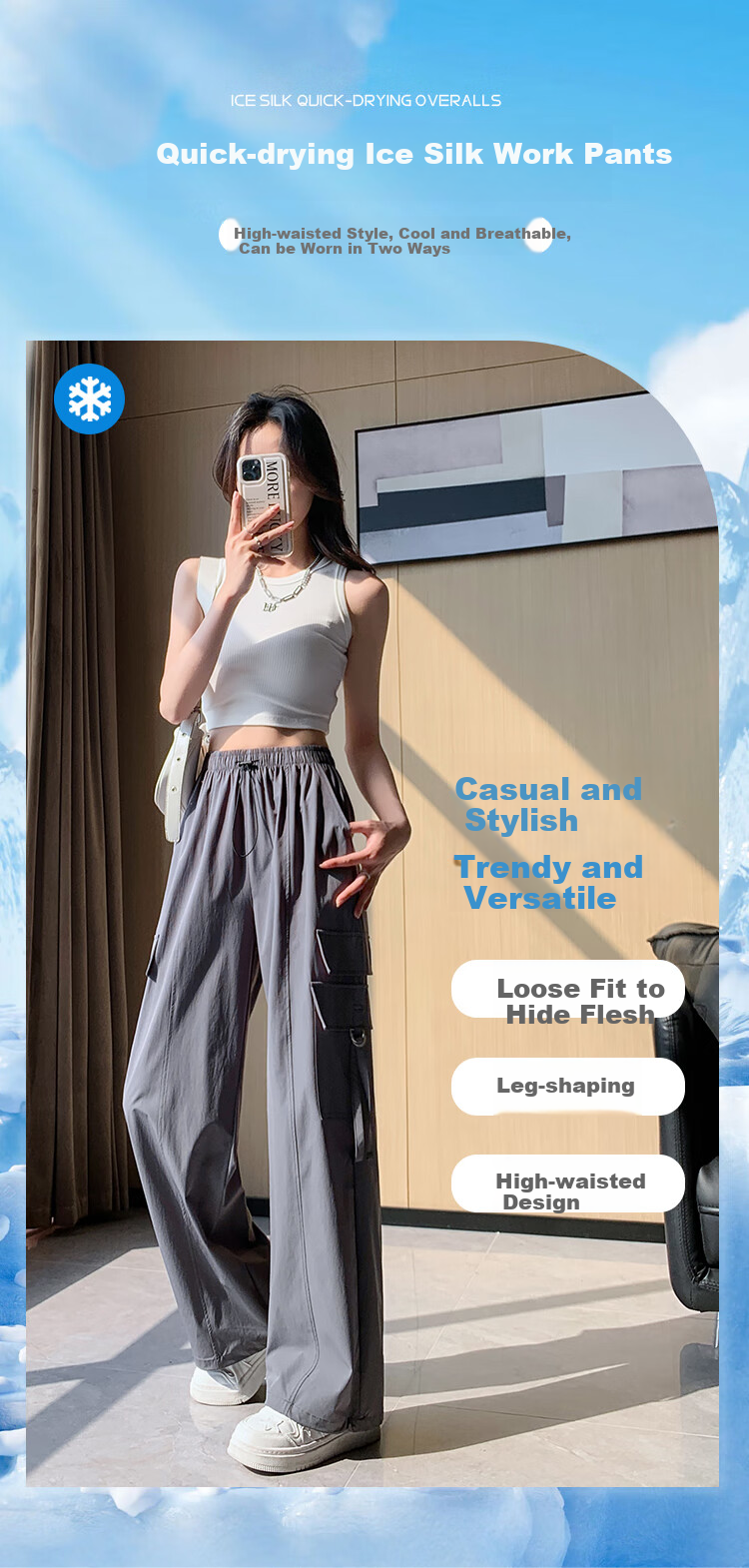 Women's Free Style Cargo Pants Summer Thin Ice Silk Quick-Dry Paratrooper Hiking Pants 2026 New High-Waist Slim Casual Wide-Leg Pants 1