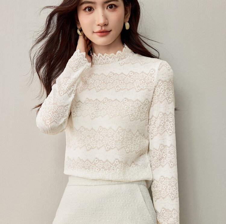 Sentubila Semi-Turtleneck Floral Textured Lace Slim Fit Long Sleeve Top for Women Autumn Hollow Out Inner Layer Shirt 3