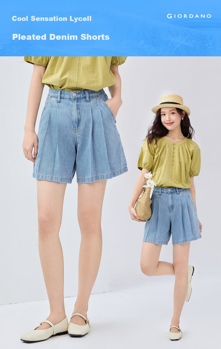 Giordano Women's Denim Shorts with High-Tech Cooling Pleated Fabric, Semi-Elastic Waistband, Lightweight Denim Pants 13405239 3