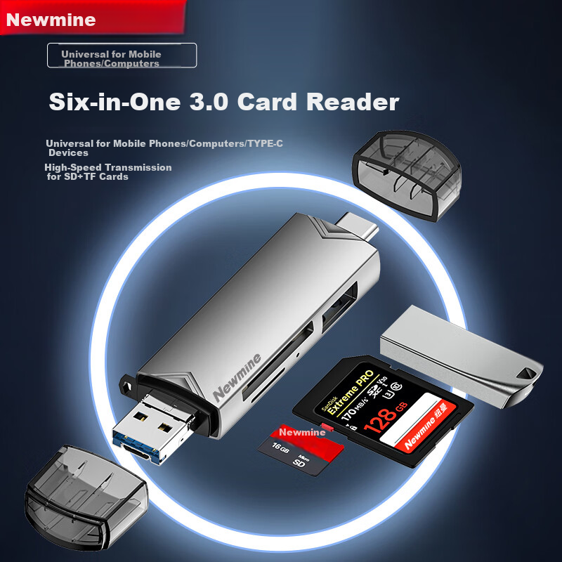 Многофункциональный док-станция Newmine DK603, 6-в-1, высокоскоростной кард-ридер, поддержка карт памяти SD/TF для видеорегистраторов, USB-адаптер-разветвитель, серый