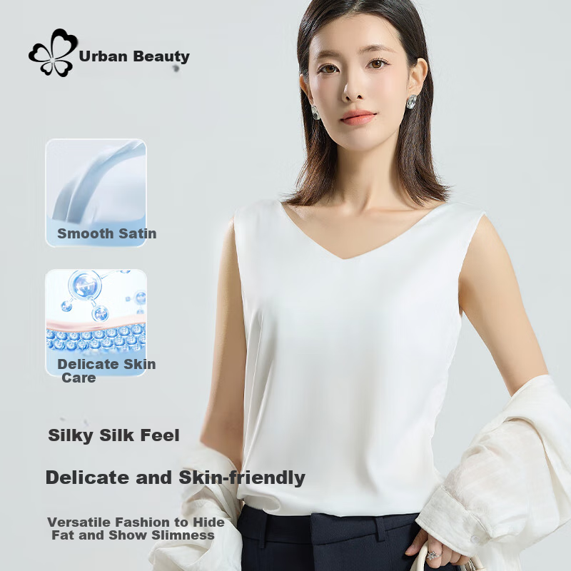 Dushiliren Women's White Camisole, Beautiful Back Design, Faux Silk Top, Spring And Summer Satin Slim-Fit Blouse, Inner Wear for Suits, Seamless Undershirt