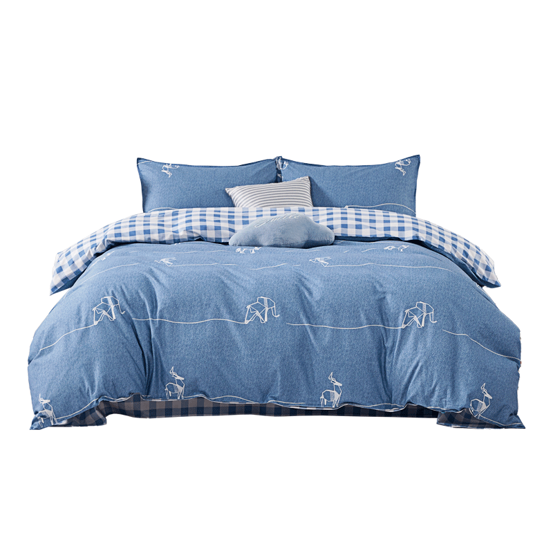 Shuixingjiafang Bedding Set for Students' Dormitory, Pure Cotton Class A Set, Back-To Single Duvet Cover And Bed Sheet for 1.2-Meter Bed - Plaid Deer Patter