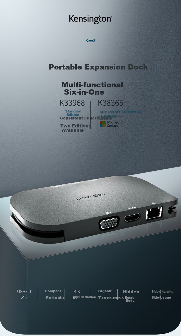 Kensington SD1610, Six-In Portable Docking Station, Type-C Expansion Dock, Compatible with Apple And Other Laptops, Expansion Dock, K38365 1