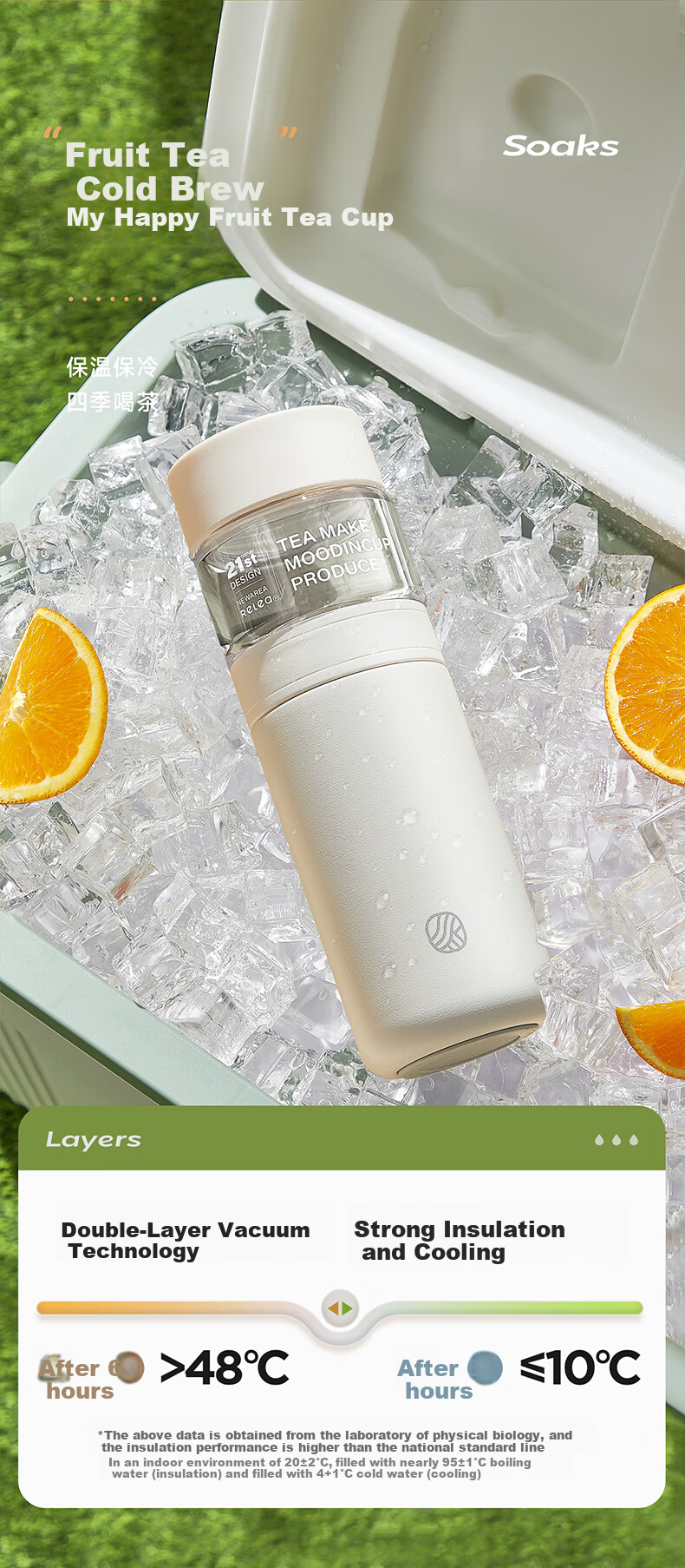 RELEA Insulated Water Bottle Unisex Tea Separation Cup Large Capacity 316L Stainless Steel Independent Tea Compartment Brewing Cup Floral Tea Mug 8
