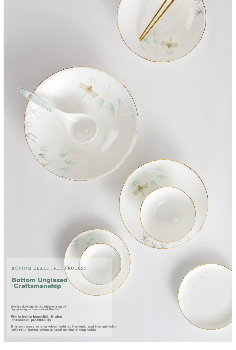 HG Guoci High-Temperature Glazed Bone China Dinnerware Set, Light Luxury Gold-Rimmed Qingting, 6 People, 32 Pieces 12