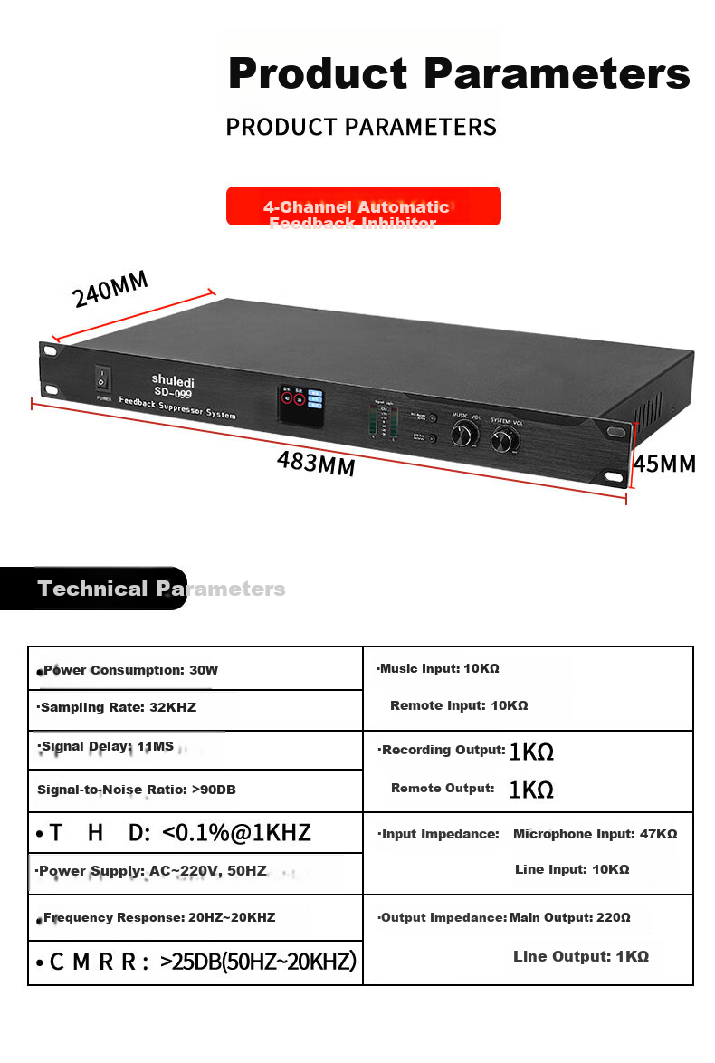 Shuledi SD-099 Domestic Feedback Suppressor, 4-Channel Microphone Mixer with Feedback Elimination, Anti-Howl Equalizer, Preamp Effects Processor for KTV Sound System, Conference Speaker, And Performance 10