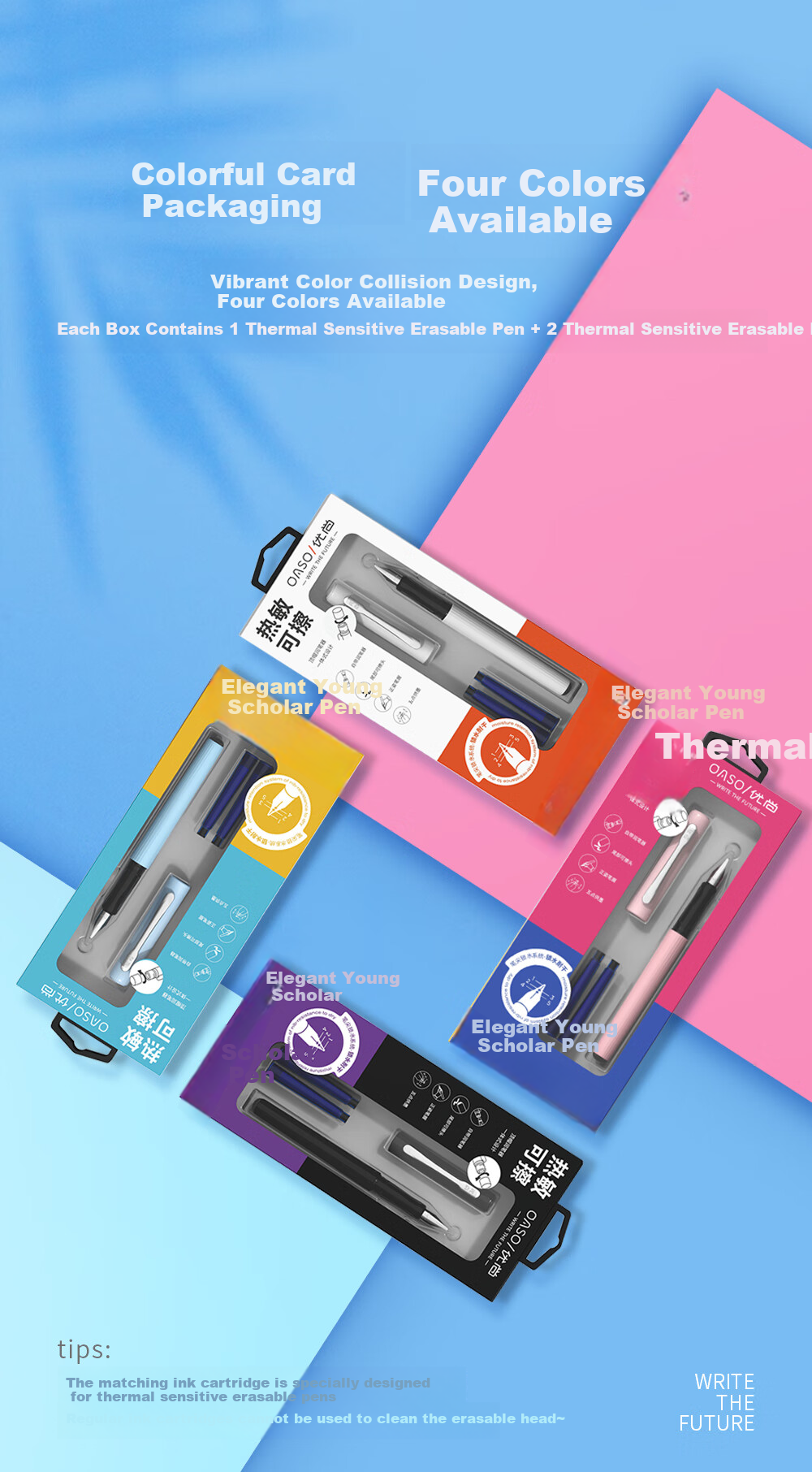 [Back to School Essential] OASO Erasable Fountain Pen for Primary School Students' Posture Correction And Handwriting Practice in Third Grade, Replaceable Ink Cartridge (Cherry Blossom Pink), Blue Erasable Ink Cartridge 6