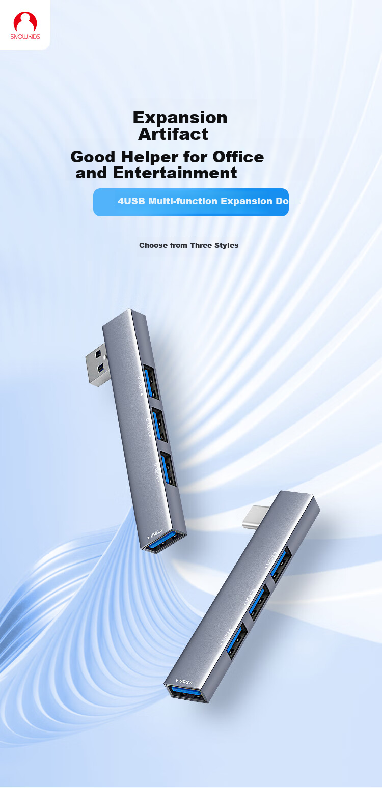 Snowkids USB Hub with Left Side Adhesive Expansion Dock, USB to USB 3.0 Converter, Laptop Expansion Dock, Four-In Hub 1