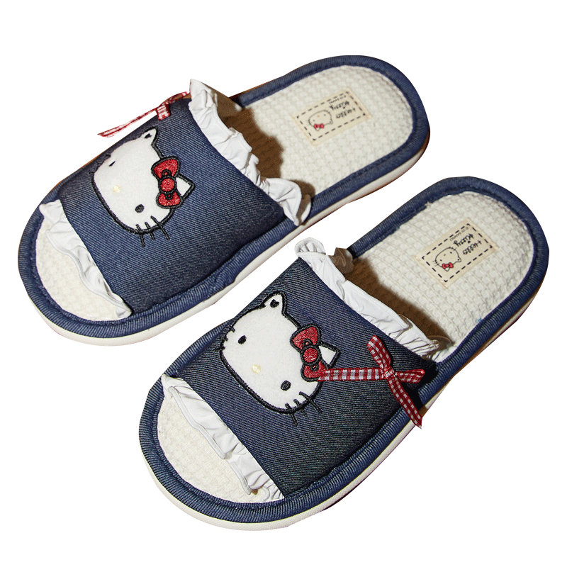 Gukoo Women's Slippers, Spring And Summer HelloKitty New Style Flat Ladies Home Linen Slippers, Dark Denim Blue, Size 38-39