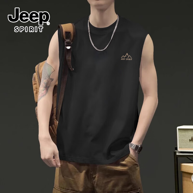 JEEP SPIRIT Men's Wide Shoulder Vest Summer Sports Fitness Breathable Sleeveless Cotton Skin-Friendly Men's Tank Top 14