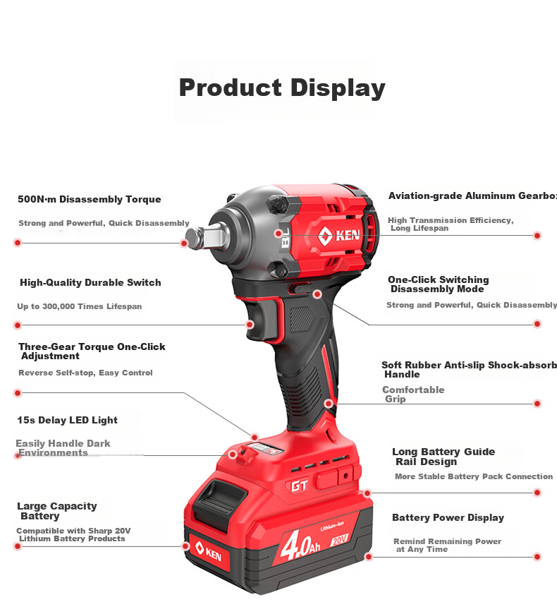 KEN Lithium-Ion Impact Wrench, 20V Brushless, 500 Torque, for Scaffolding Workers And Auto Mechanics, Electric Air Gun, 7520 Two Batteries One Charger 14