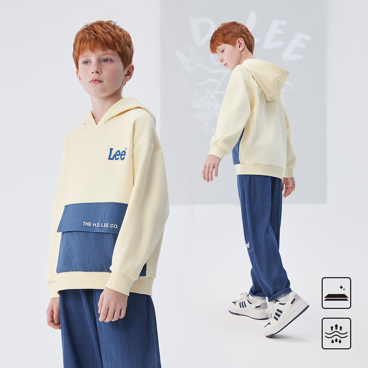 Lee Kids Children's Clothing, Color-Block Faux Denim Print Retro Fashion Hoodie, Beige, Size 120